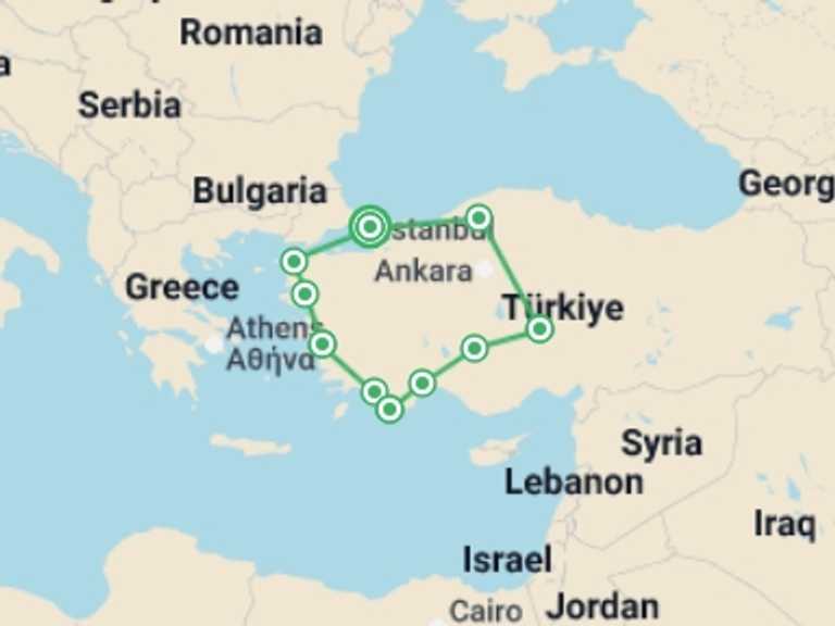 Map itinerary of Europe Tour in June 2026 with 10 destination visits for the trip: Highlights of Turkey