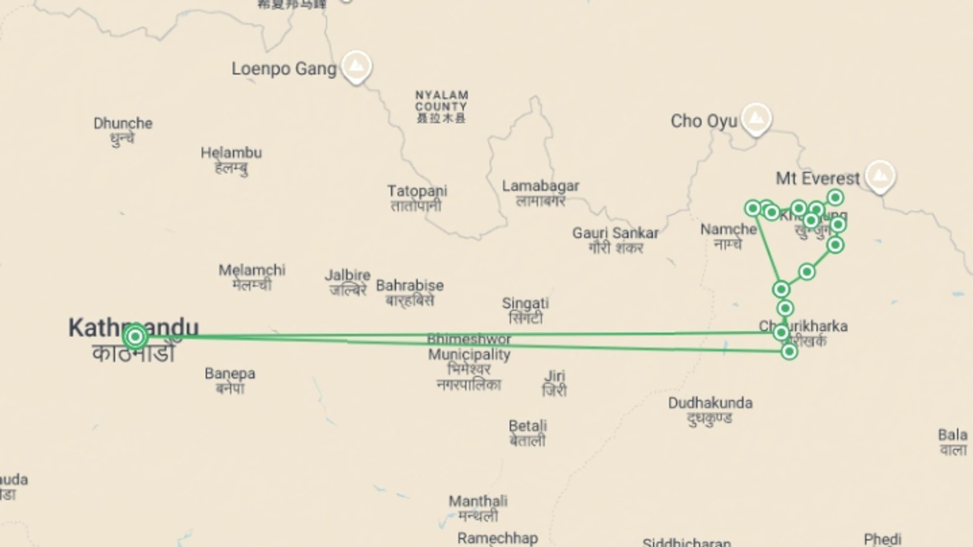 A map showing the tour itinerary for the trip: Everest High Passes in Comfort, starting in Kathmandu, Nepal and ending in Kathmandu, Nepal going through 15 other destinations.