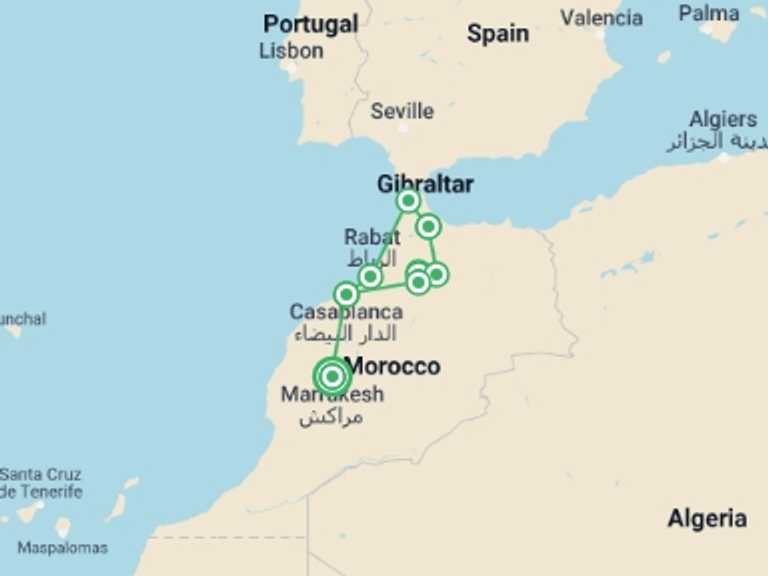 Map of 10-Day Marrakech Tour with 7 destination visits for the trip: North Morocco Circuit