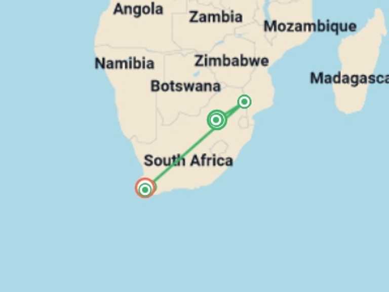 Map of 14-Day South Africa Tour with 7 destination visits for the trip: Iconic South Africa