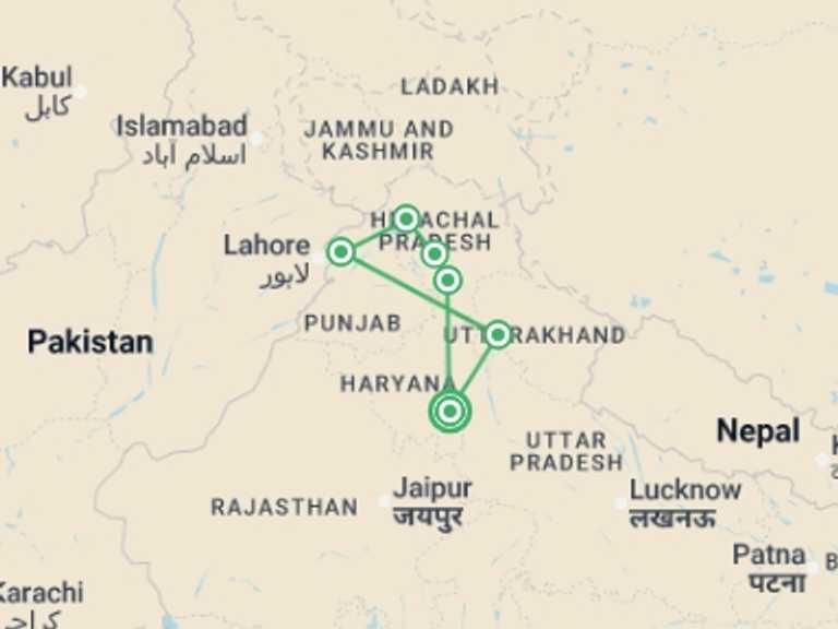 Map itinerary of Asia Tour in January 2027 with 6 destination visits for the trip: Mountains & Mystics of India