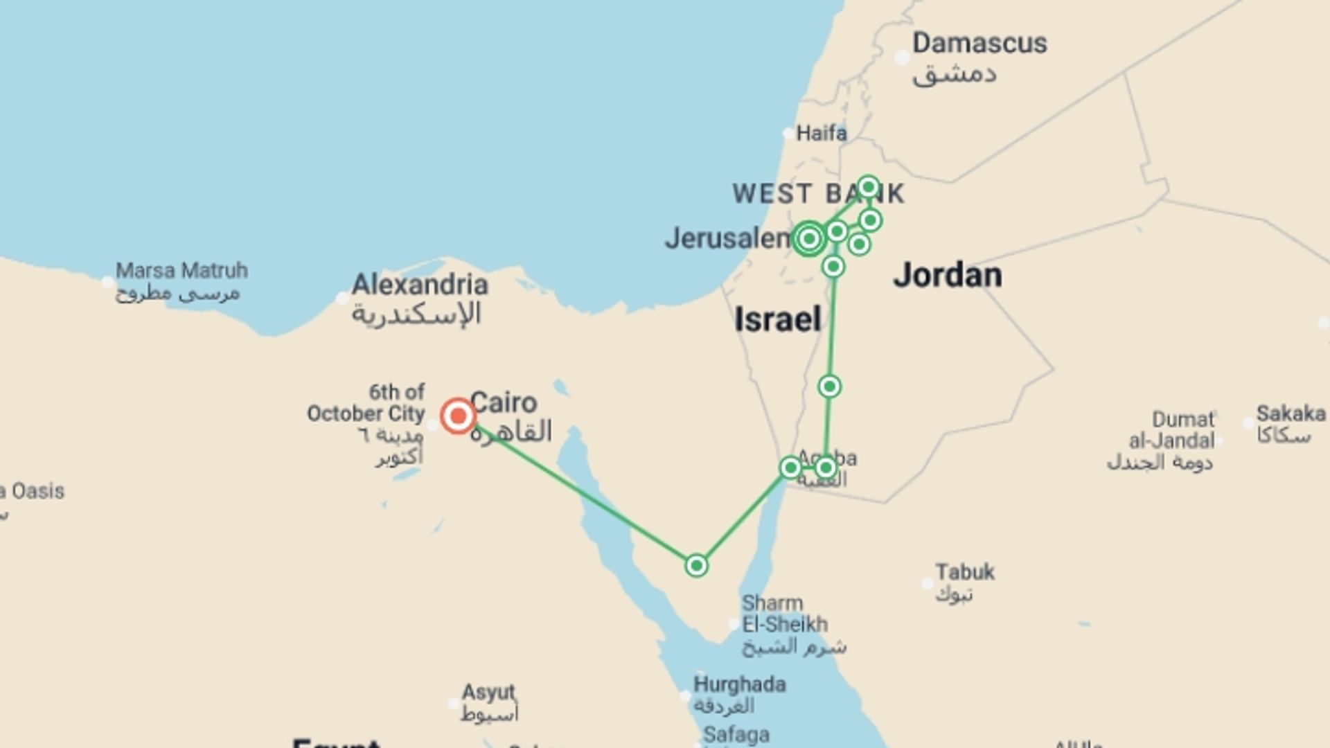 A map showing the tour itinerary for the trip: Classical Jerusalem, Jordan and Cairo, starting in Jerusalem, Israel and ending in Cairo, Egypt going through 5 other destinations.