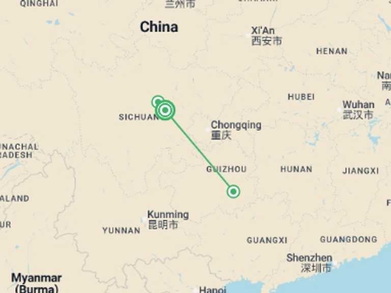 Map itinerary of Asia Tour in June 2026 with 2 destination visits for the trip: Chengdu City Break (Superior) - 4 days