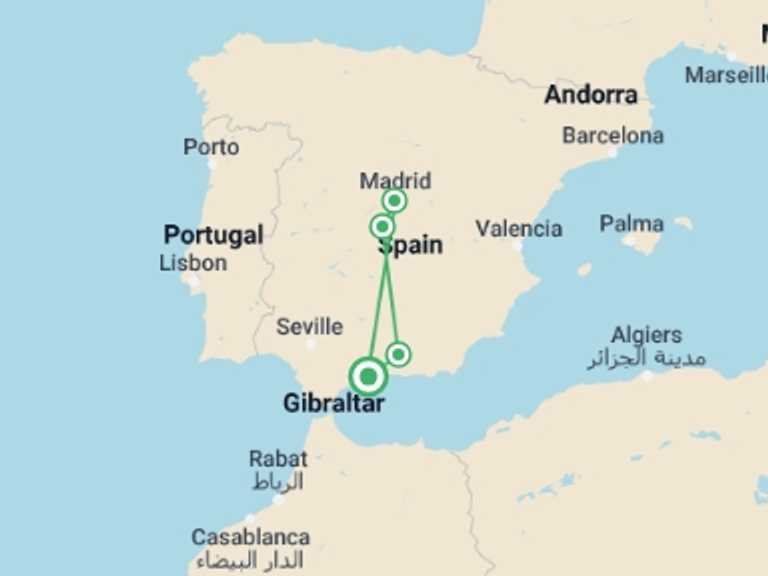 Map itinerary of Spain Tour in February 2026 with 3 destination visits for the trip: Granada, Toledo & Madrid 2 Days Tour From Costa Del Sol