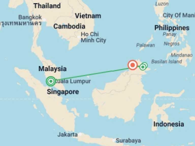 Map of Kuala Lumpur Explorer Tour with 4 destination visits for the trip: Kuala Lumpur & Borneo Explorer - 11 days