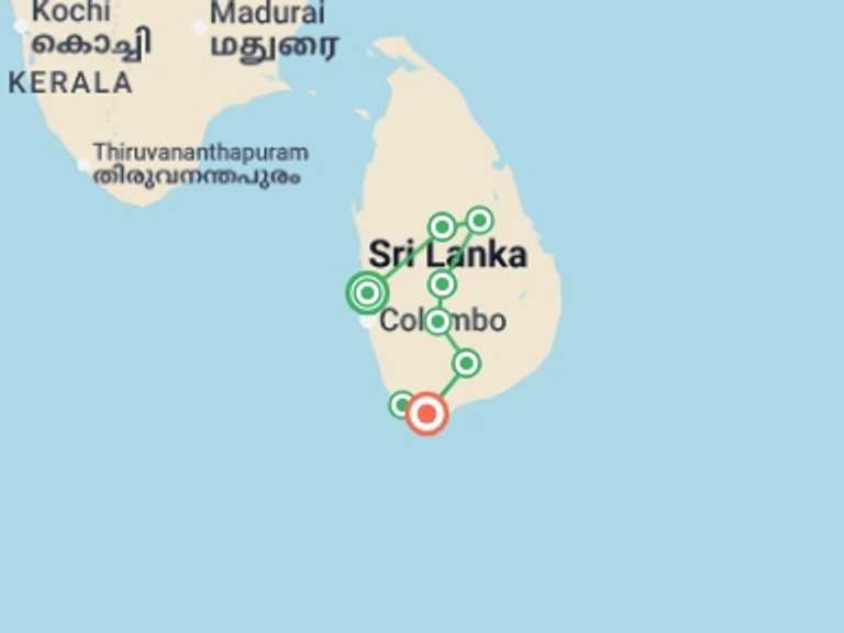 Map itinerary of Sri Lanka Tour in December 2026 with 8 destination visits for the trip: Amazing Sri Lanka Cycling Tour
