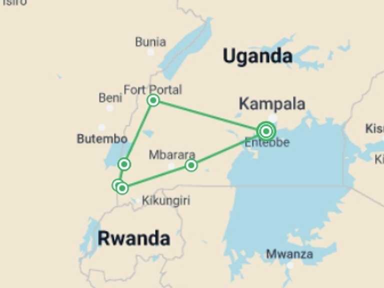 Map itinerary of Lake Mburo National Park Tour in January 2026 with 6 destination visits for the trip: Cycling the Wilds of Uganda