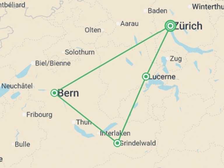 Map of Europe Tour with 4 destination visits for the trip: Best of Switzerland
