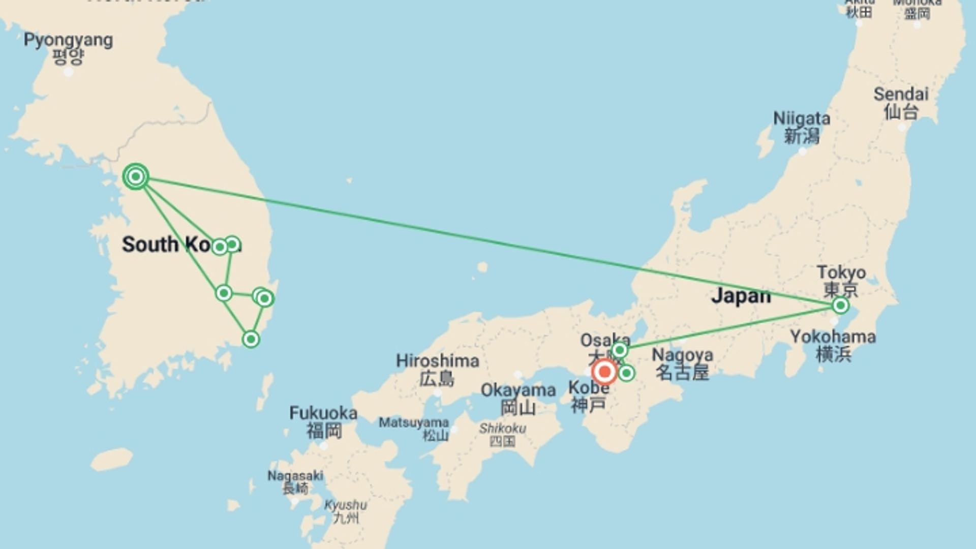 A map showing the tour itinerary for the trip: Wonders of Korea and Japan, starting in Seoul, South Korea and ending in Osaka, Japan going through 4 other destinations.