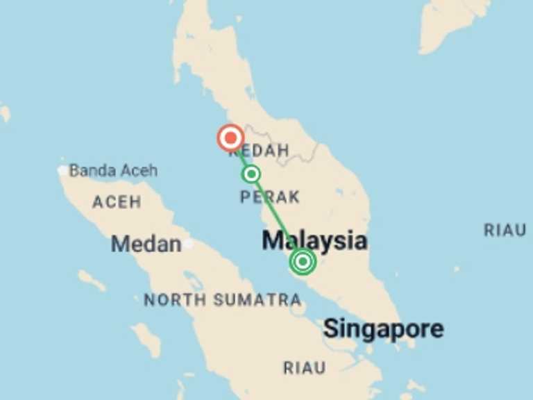 Map itinerary of South East Asia Tour in October 2026 with 4 destination visits for the trip: Kuala Lumpur, Penang & Langkawi - 12 days
