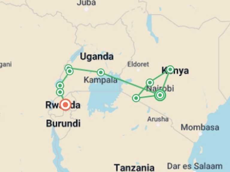 Map of Nairobi Wildlife Tour with 10 destination visits for the trip: East Africa In-Depth