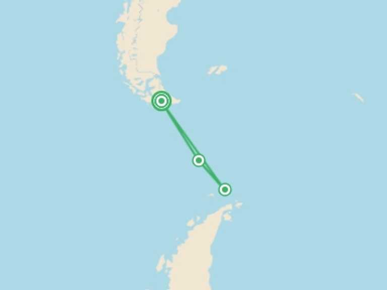 Map itinerary of Antarctic Peninsula Tour in November 2026 with 4 destination visits for the trip: Antarctica Classic