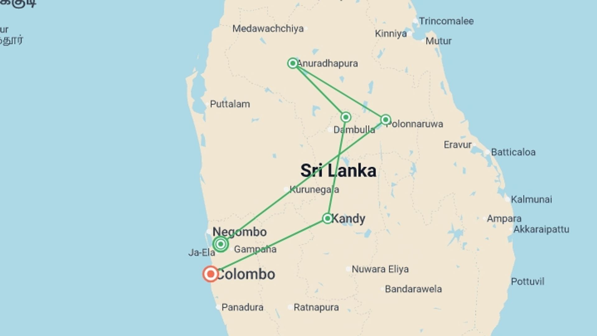 A map showing the tour itinerary for the trip: Sri Lanka Discover Luxury Small Group Tour, starting in Kotugoda, Sri Lanka and ending in Colombo, Sri Lanka going through 4 other destinations.