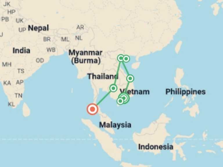 Map itinerary of Hanoi Tour in September 2027 with 9 destination visits for the trip: Amazing Vietnam, Cambodia and Thailand