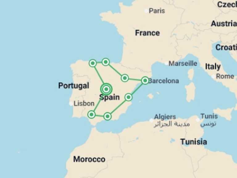 Map itinerary of Spain Tour in March 2027 with 8 destination visits for the trip: Spanish Ole