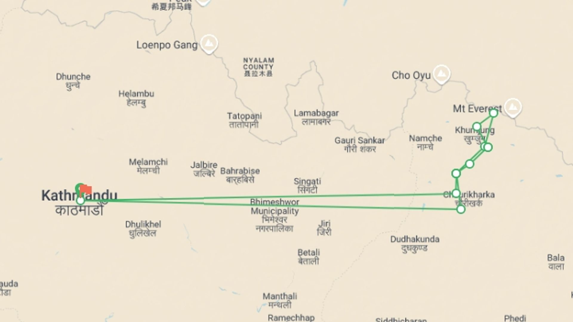 A map showing the tour itinerary for the trip: Everest Base Camp Trek, starting in Kathmandu, Nepal and ending in Kathmandu, Nepal going through 9 other destinations.