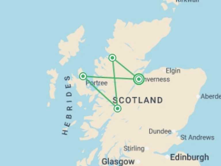 Map itinerary of Europe Tour in June 2026 with 4 destination visits for the trip: Walk the North West Highlands and Skye