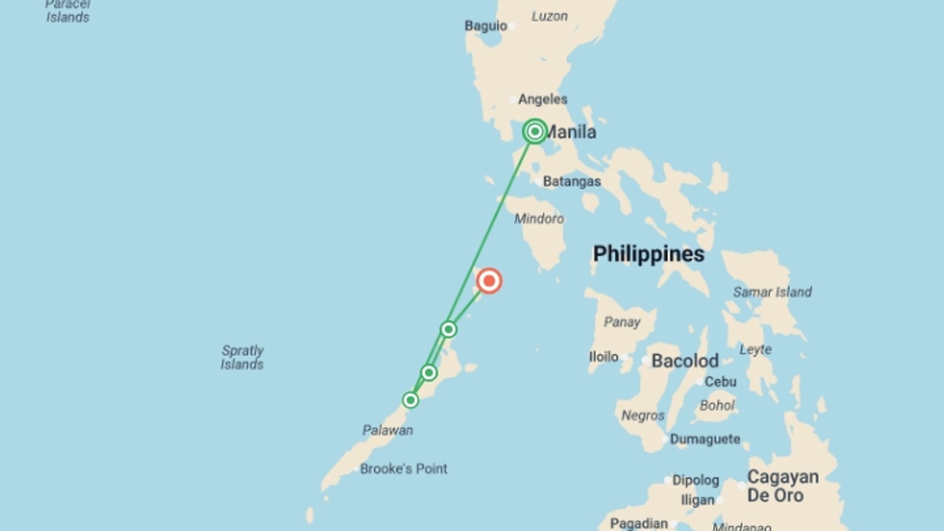 A map showing the tour itinerary for the trip: Philippines: Snorkel & Stargaze, starting in Manila, Philippines and ending in Coron, Philippines going through 2 other destinations.