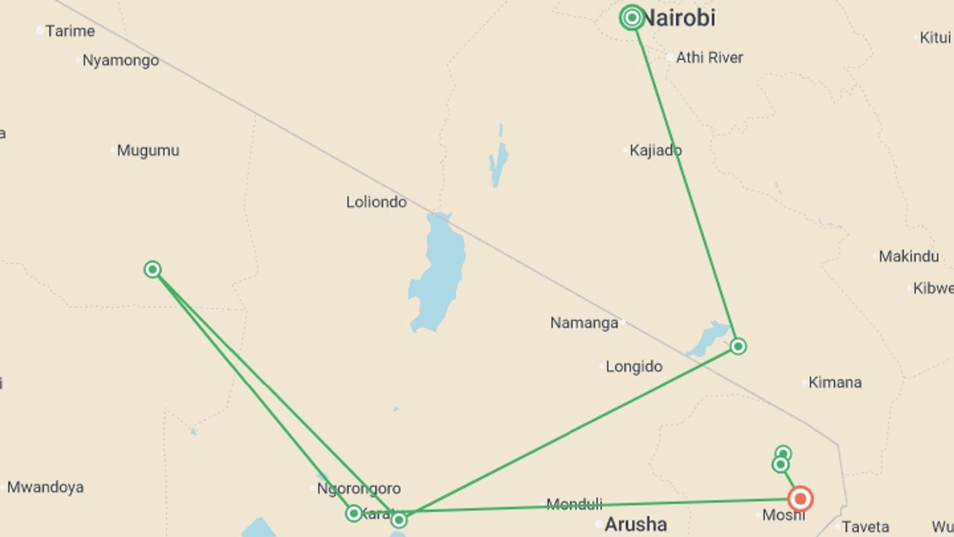 A map showing the tour itinerary for the trip: Serengeti & Kilimanjaro, starting in Nairobi, Kenya and ending in Marangu, Tanzania going through 7 other destinations.