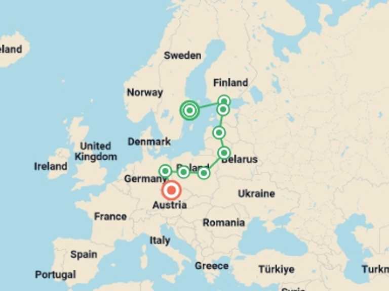 Map itinerary of Scandinavia Tour in November 2025 with 9 destination visits for the trip: Baltic Capitals End Prague