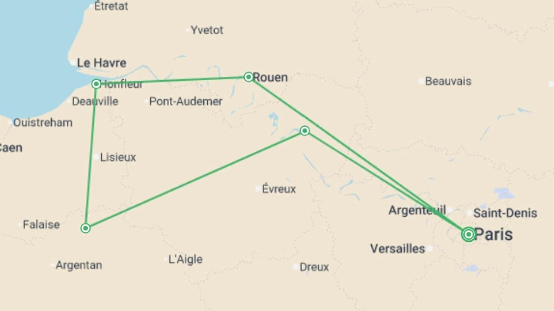 A map showing the tour itinerary for the trip: The finest and most picturesque ports of call in the Seine valley (port-to-port cruise), starting in Paris, France and ending in Paris, France going through 3 other destinations.