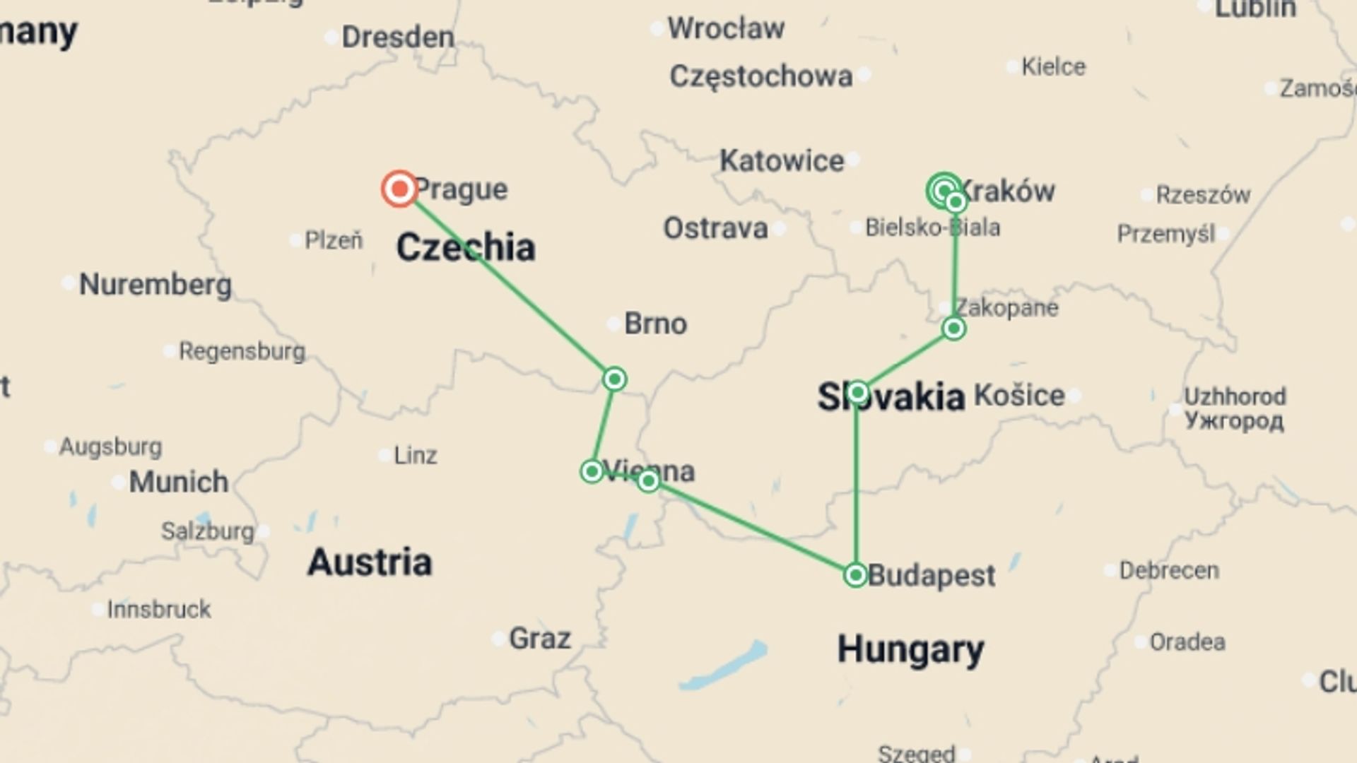 A map showing the tour itinerary for the trip: Highlights of Eastern Europe, starting in Krakow, Poland and ending in Prague, Czech Republic going through 7 other destinations.