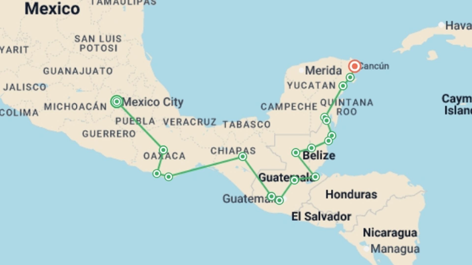 A map showing the tour itinerary for the trip: Mexico City to Cancun (via Guatemala & Belize) Travel Pass, starting in Mexico City, Mexico and ending in Cancún, Mexico going through 17 other destinations.