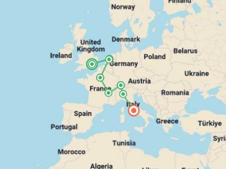 Map of Europe Tour with 8 destination visits for the trip: Trekking Through the Continent with Rome GO