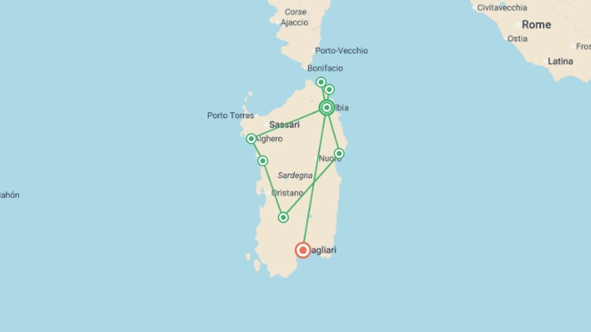 A map showing the tour itinerary for the trip: Sardinia Escape: An 8-Day Island Adventure, starting in Olbia, Italy and ending in Cagliari, Italy going through 4 other destinations.