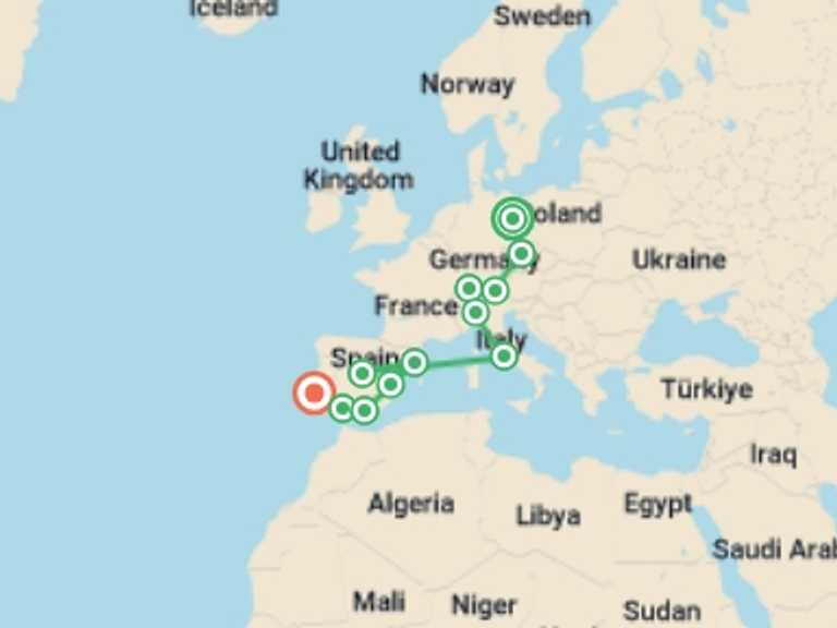 Map itinerary of Barcelona Tour in January 2027 with 12 destination visits for the trip: Continental Europe
