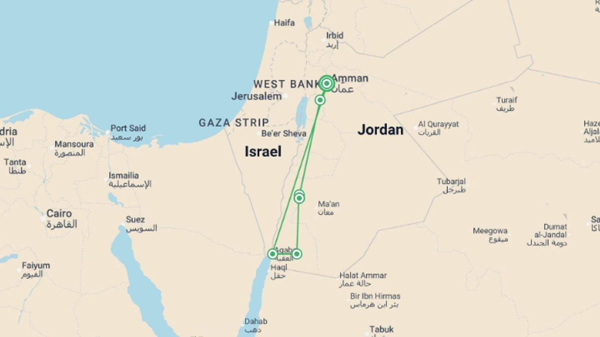 A map showing the tour itinerary for the trip: Family Jordan, Petra and Desert Adventure, starting in Amman, Jordan and ending in Amman, Jordan going through 5 other destinations.