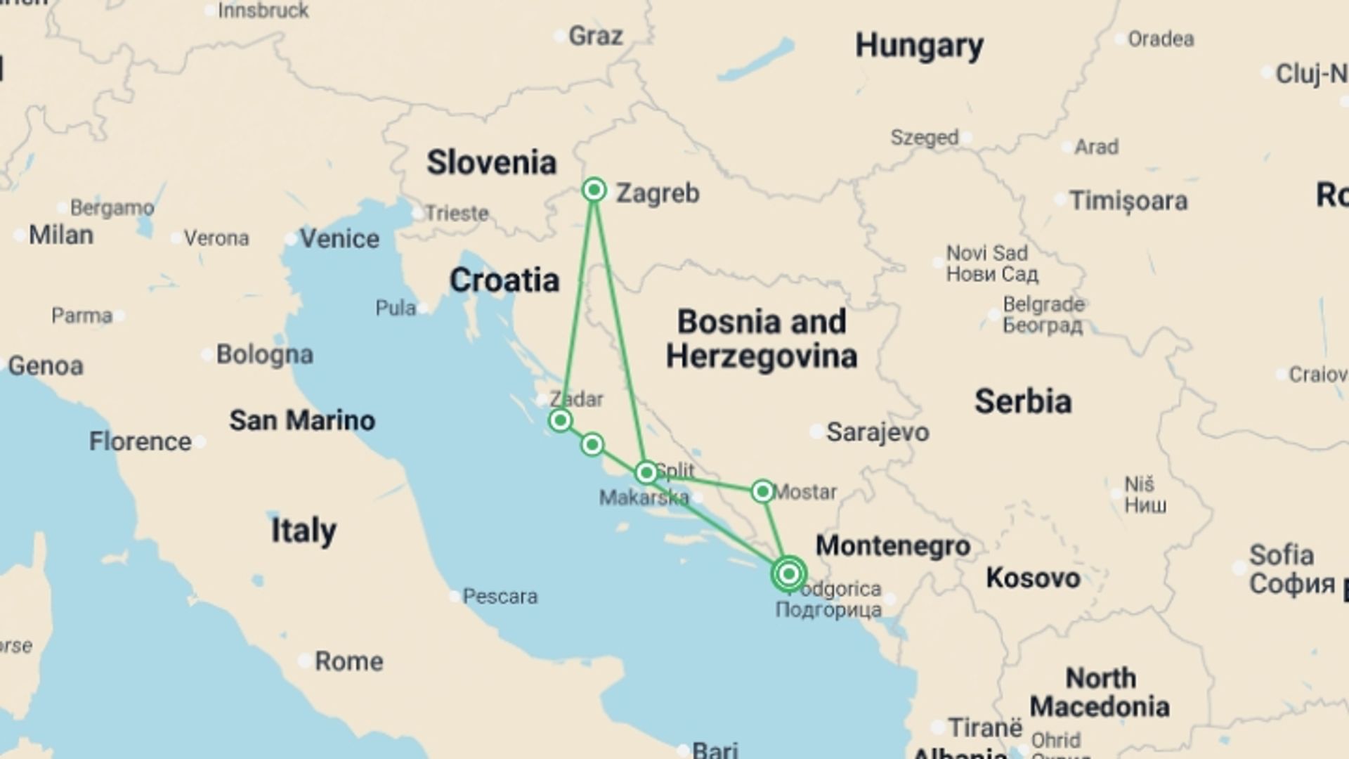 A map showing the tour itinerary for the trip: Highlights Of Croatia 11 Days, Self-drive, starting in Dubrovnik, Croatia and ending in Dubrovnik, Croatia going through 4 other destinations.