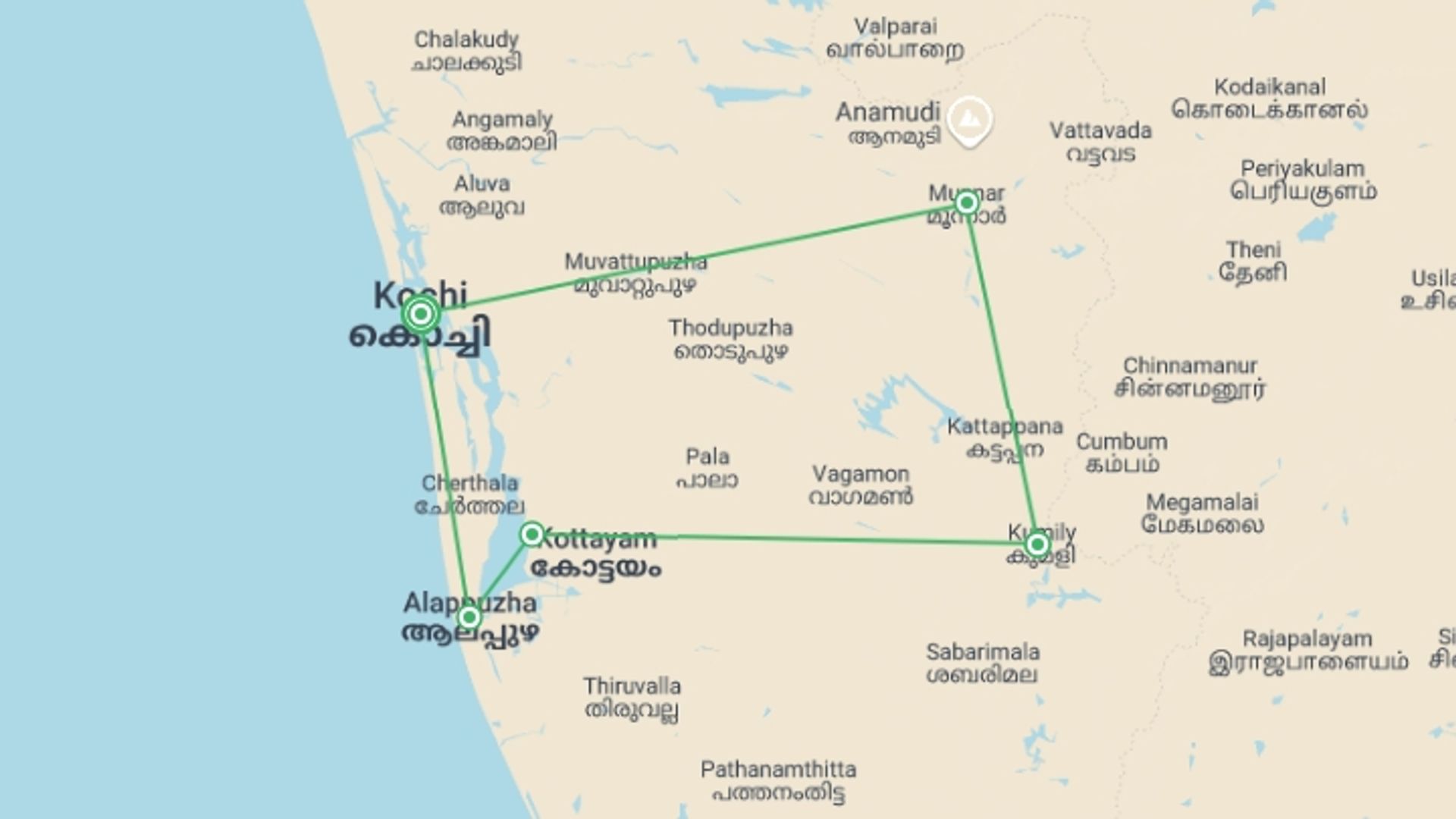 A map showing the tour itinerary for the trip: Exotic Kerala, starting in Kochi, India and ending in Kochi, India going through 4 other destinations.