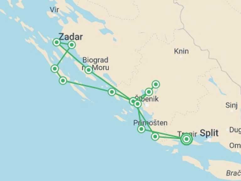Map of Croatia Sailing, yachting and motor boating Tour with 7 destination visits for the trip: North Dalmatia Bike & Boat - Deluxe