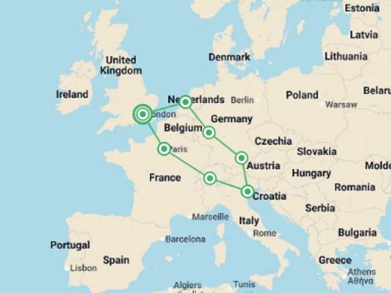 Map itinerary of Paris Tour in November 2025 with 7 destination visits for the trip: European Horizon