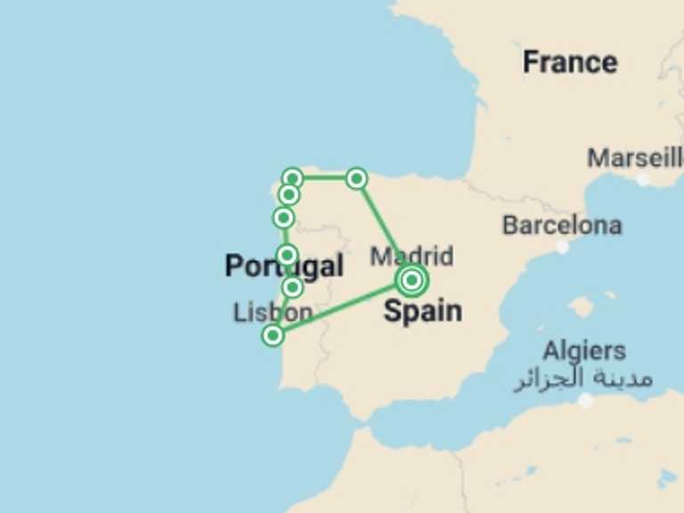 Map itinerary of Madrid Tour in Spring with 8 destination visits for the trip: Galicia & Portugal 10 Days From Madrid