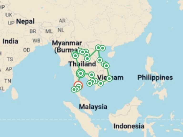 Map itinerary of Asia Tour in April 2027 with 26 destination visits for the trip: Epic Southeast Asia: River Cruises & Karst Mountains