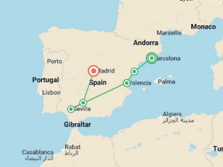 Map of 9-Day Madrid Tour with 4 destination visits for the trip: Barcelona to Andalusia & Madrid - 9 days 