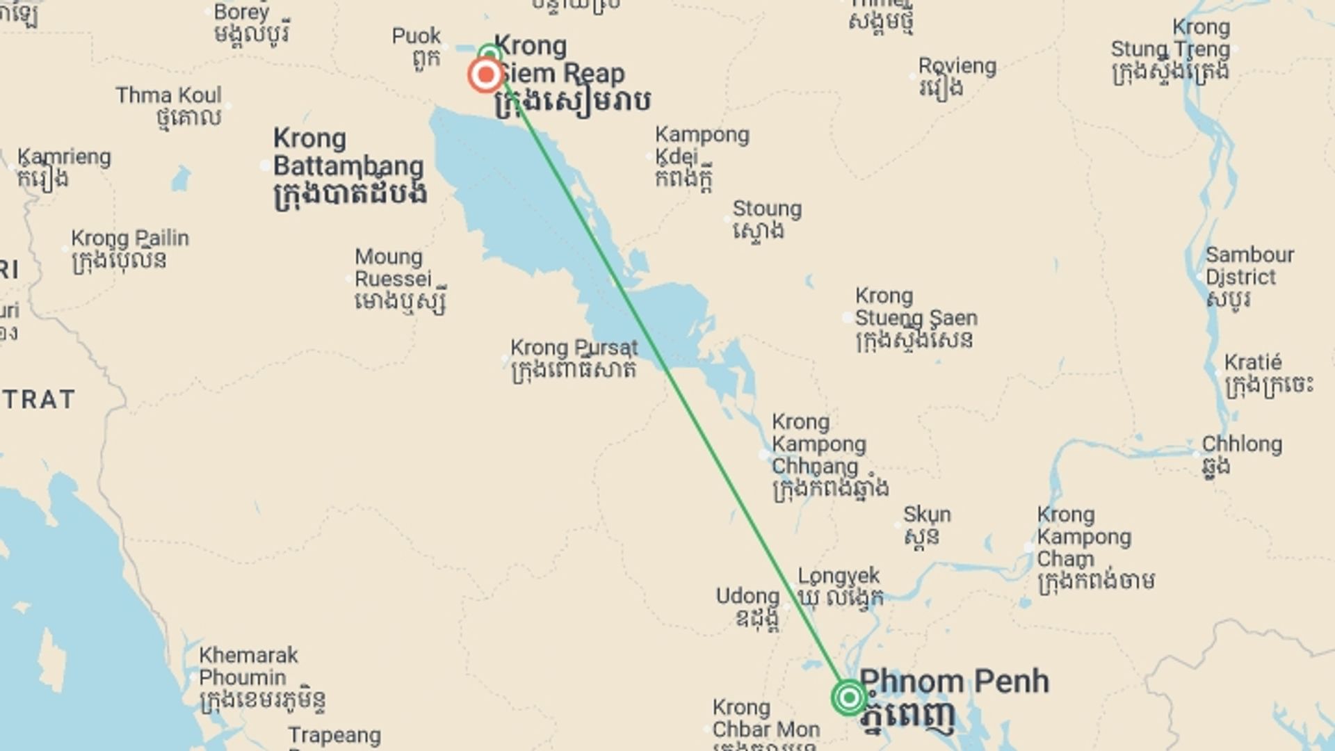 A map showing the tour itinerary for the trip: Classic Cambodia - 5 days, starting in Phnom Penh, Cambodia and ending in Siem Reap, Cambodia going through 1 other destinations.
