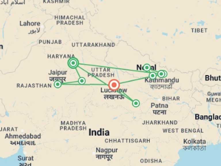 Map itinerary of India Tour in September 2027 with 9 destination visits for the trip: Premium India & Nepal