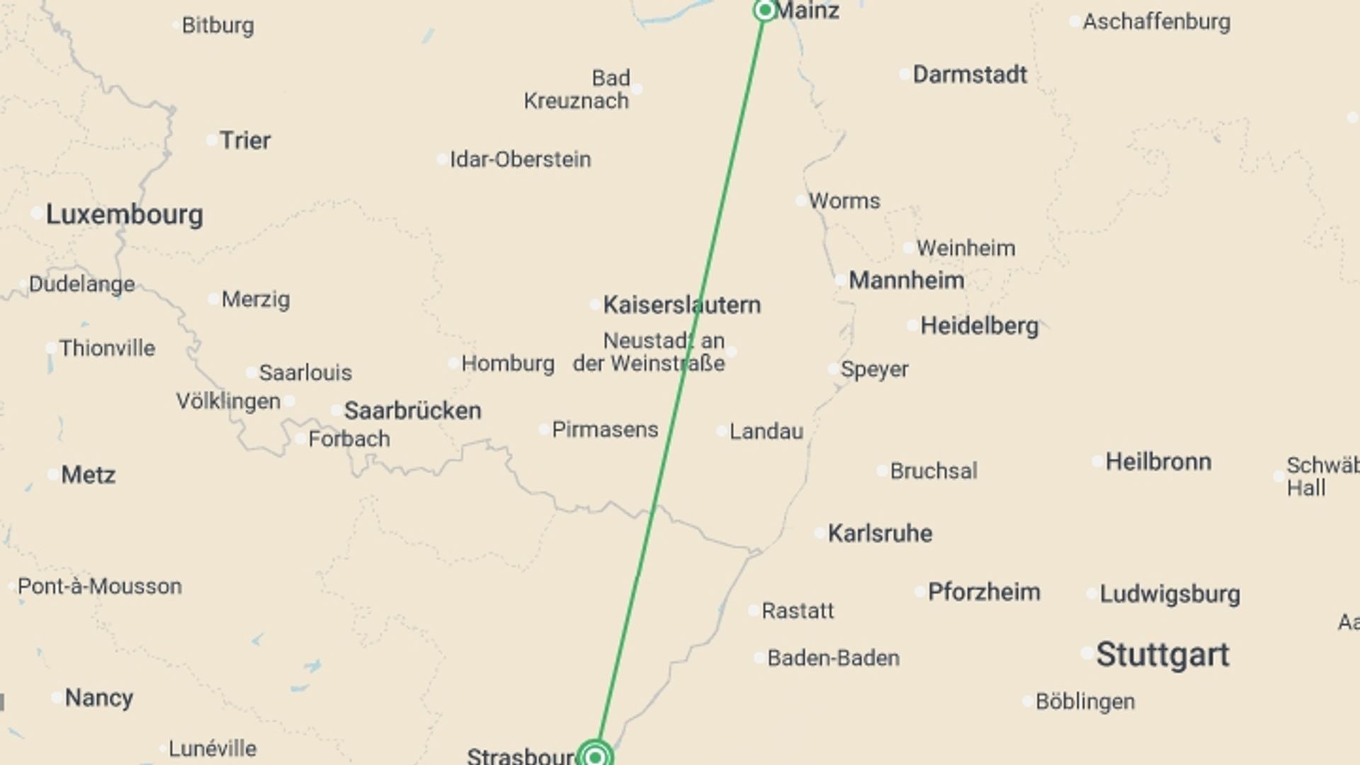 A map showing the tour itinerary for the trip: Ring in the New Year on a Rhine River Cruise (port-to-port cruise), starting in Strasbourg, France and ending in Strasbourg, France going through 1 other destinations.