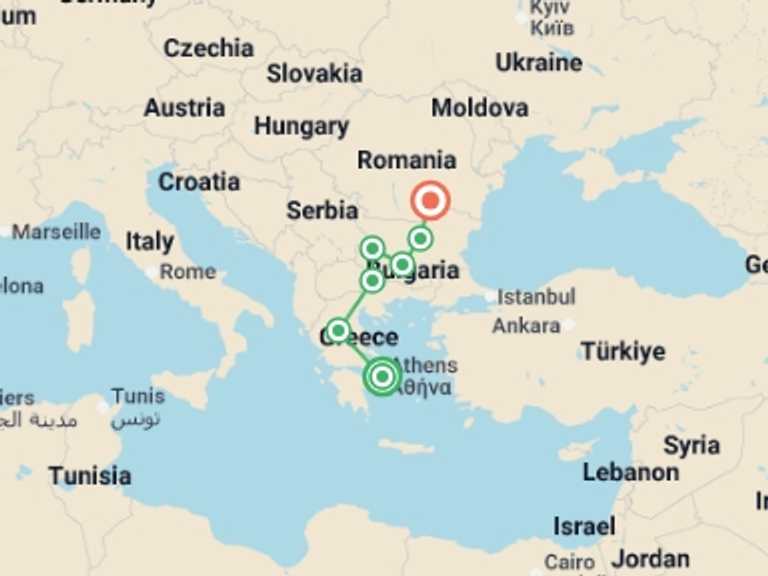 Map itinerary of Europe Tour in March 2027 with 7 destination visits for the trip: From Athens to Bucharest