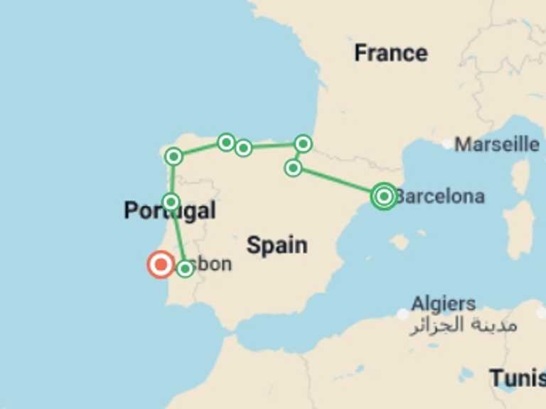 Map itinerary of Europe Tour in Fall with 9 destination visits for the trip: Spain & Portugal Real Food Adventure