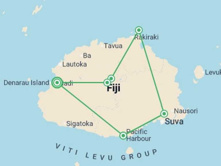 Map itinerary of Oceania Tour in October 2027 with 6 destination visits for the trip: Fiji: Hike, Raft & Snorkel