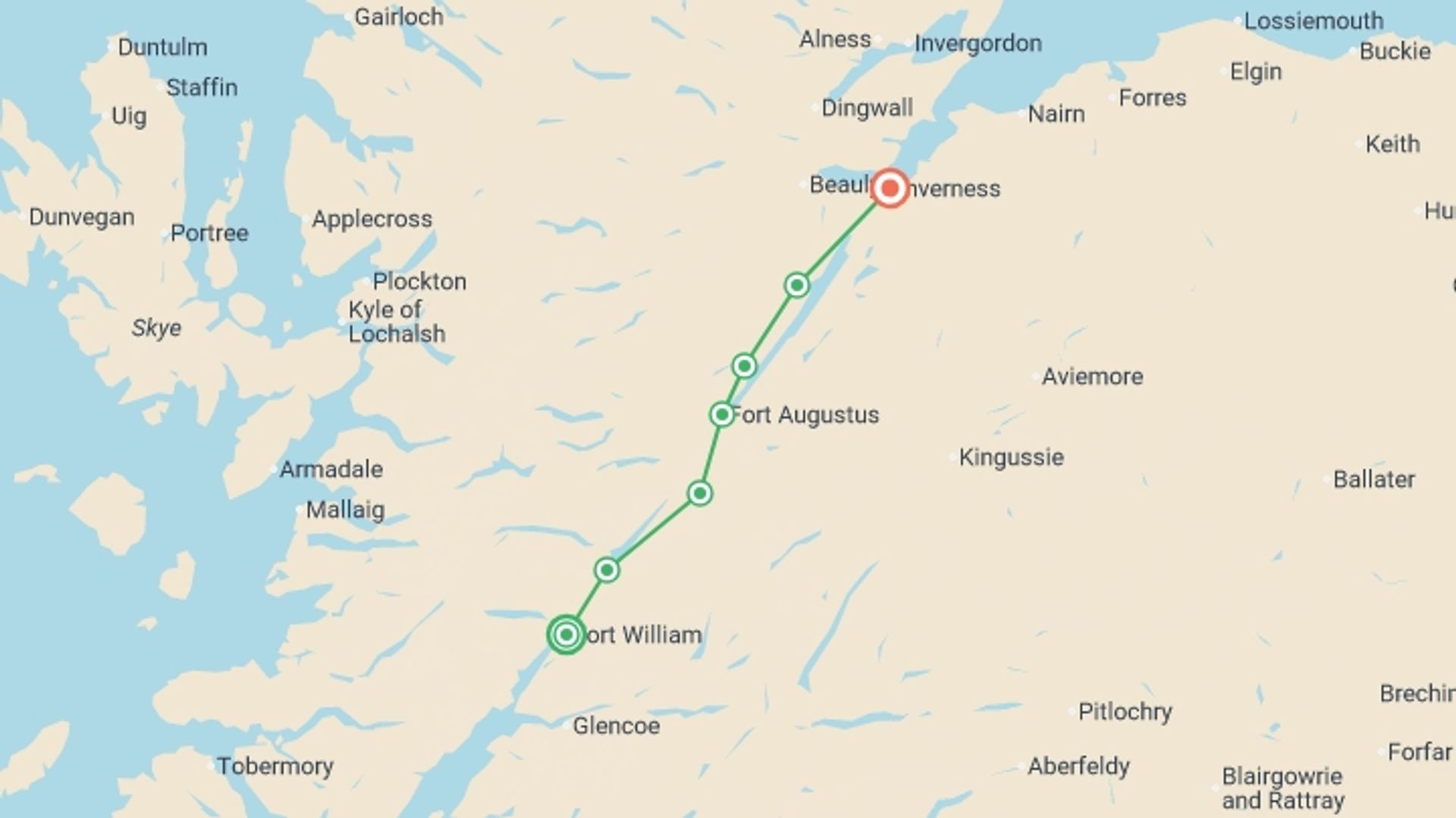A map showing the tour itinerary for the trip: The Great Glen Way, starting in Fort William, Scotland and ending in Inverness, Scotland going through 6 other destinations.