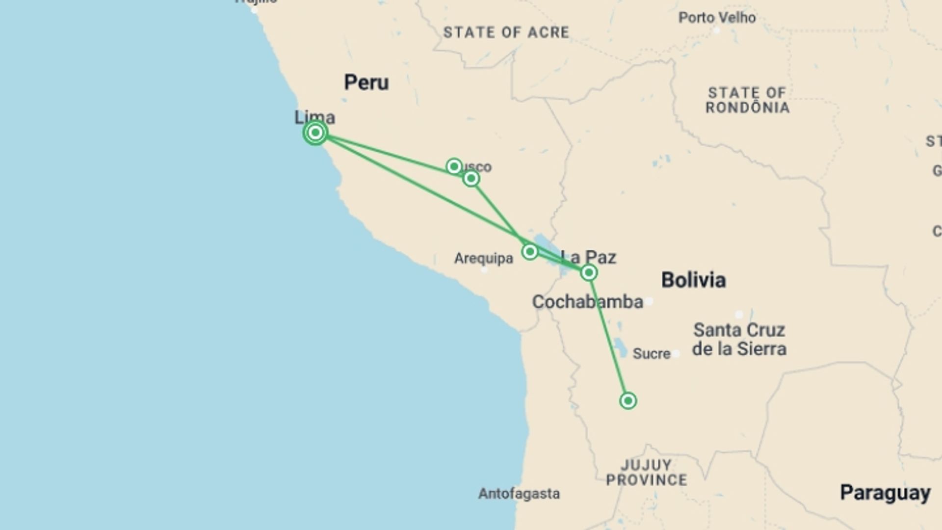 A map showing the tour itinerary for the trip: Peru and Bolivia Adventure, starting in Lima, Peru and ending in Lima, Peru going through 4 other destinations.