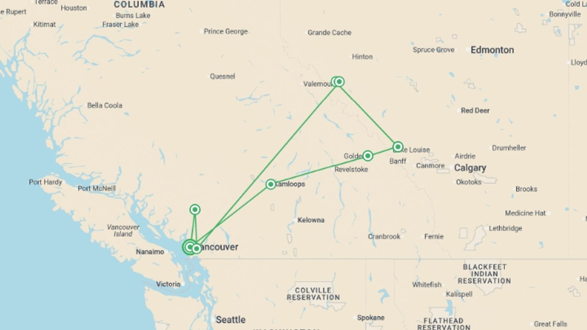 A map showing the tour itinerary for the trip: Real Canadian Rockies, starting in Vancouver, Canada and ending in Vancouver, Canada going through 7 other destinations.