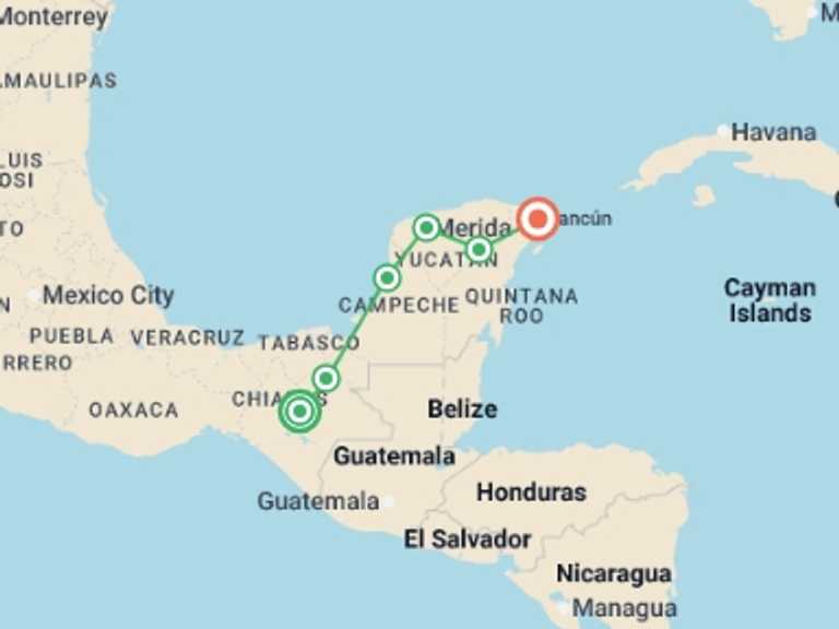 Map of a Art and architecture Tour with 6 destination visits for the trip: Best Of Chiapas & Yucatan With The Maya Train