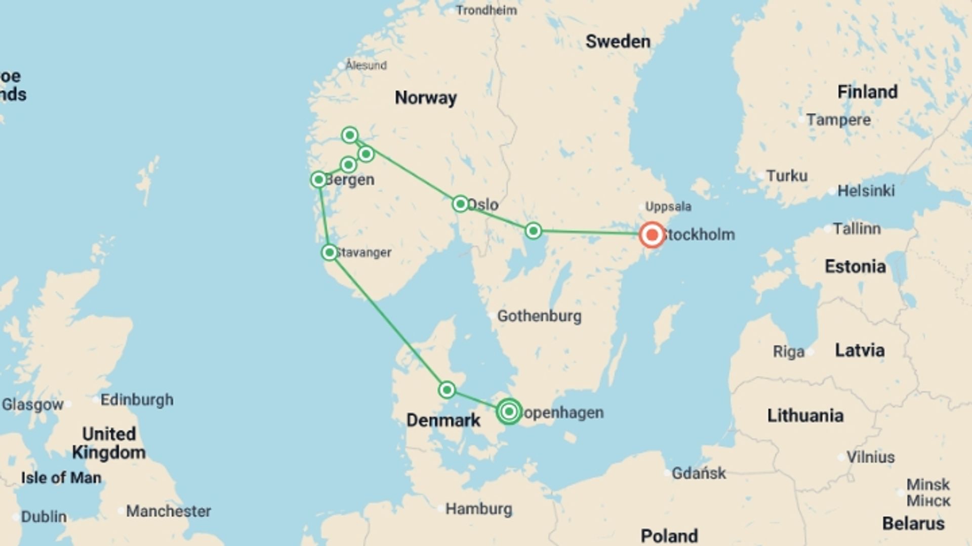 A map showing the tour itinerary for the trip: Best of Scandinavia - 10 days, starting in Copenhagen, Denmark and ending in Stockholm, Sweden going through 6 other destinations.