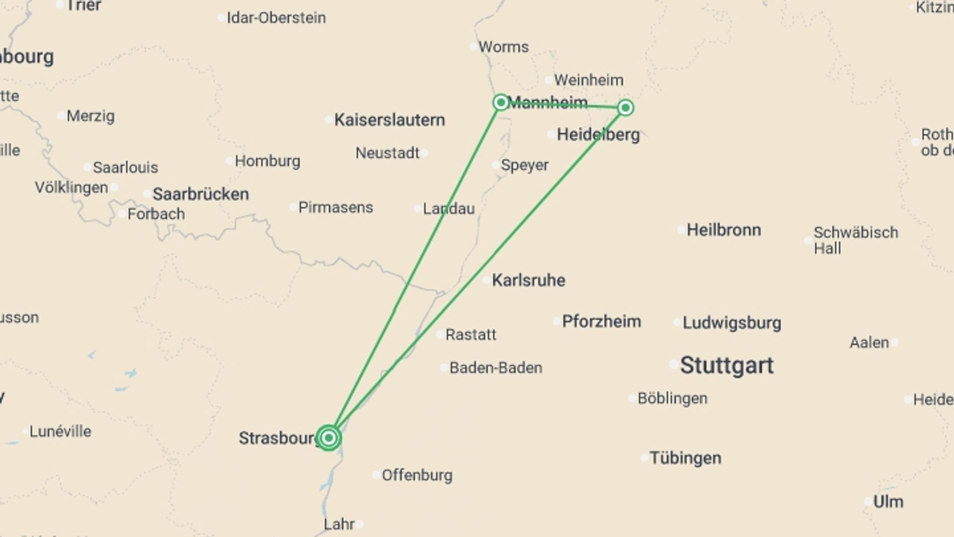 A map showing the tour itinerary for the trip: Around the World in Culinary Delights (port-to-port cruise), starting in Strasbourg, France and ending in Strasbourg, France going through 2 other destinations.
